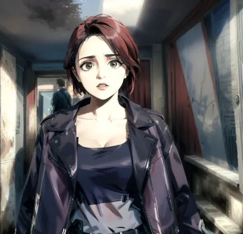 leather jacket, short hair, Shay Mitchell,a  walking down a corridor with red hair,shumeiko,kikkawa,fujiko,animatrix,isolda,takako,Anime,Anime,General