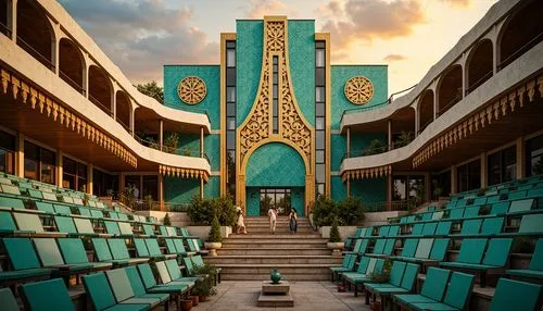 Grandiose amphitheater, ornate Art Deco fa\u00e7ade, geometric patterns, metallic accents, luxurious materials, curved lines, symmetrical composition, vibrant turquoise tiles, golden ornaments, grand 