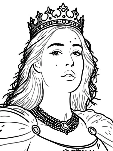 a black and white drawing of a woman wearing a crown,coloring page,coloring pages,aslaug,aethelred,queenship,monarchic,Design Sketch,Design Sketch,Rough Outline