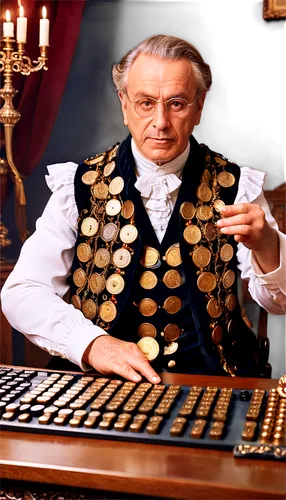 Old European merchant, Renaissance era, wealthy businessman, gold coins, velvet cloak, white shirt with ruffles, brown leather boots, holding abacus, sitting at wooden desk, intricate carvings, dim ca