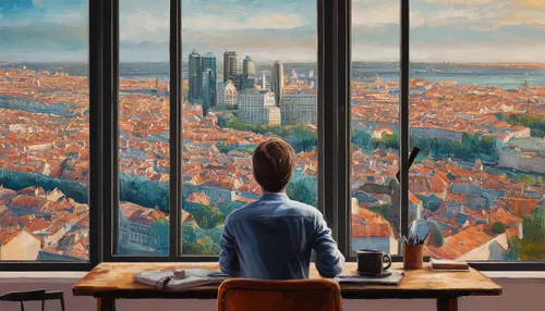 girl studying,contemporary witnesses,city view,world digital painting,woman at cafe,woman thinking,meticulous painting,girl at the computer,city ​​portrait,cityscape,blur office background,window view,city scape,distant vision,rear window,balcon de europa,office worker,window to the world,sci fiction illustration,art painting,Conceptual Art,Daily,Daily 32