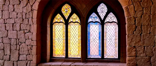 Medieval window, stone walls, stained glass, intricate frame, ornate carvings, arched shape, Gothic style, colorful patterns, morning light, soft illumination, warm color tone, 3/4 composition, shallo