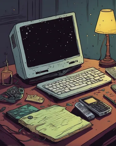 sci fiction illustration,computer addiction,desk top,workspace,laptop,desk,computer,night administrator,astronomer,notebook,writing-book,nightstand,computer desk,internet addiction,laptops,typewriter,digital nomads,working space,study room,retro technology,Illustration,Abstract Fantasy,Abstract Fantasy 10