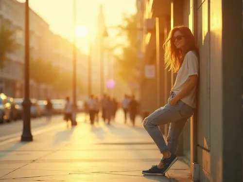 street shot,golden light,lens flare,girl walking away,golden hour,girl in t-shirt,woman walking,goldenlight,backlight,fashionable girl,sunset glow,girl in a long,street fashion,relaxed young girl,women fashion,city ​​portrait,girl sitting,backlighting,on the street,bestriding,Photography,General,Realistic