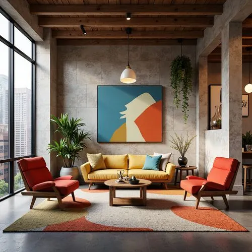 mid century modern,airbnb icon,modern decor,airbnb logo,mid century,apartment lounge,living room,mid century house,midcentury,livingroom,contemporary decor,modern living room,mid century sofa,loft,sitting room,interior decor,an apartment,interior design,wall art,slide canvas