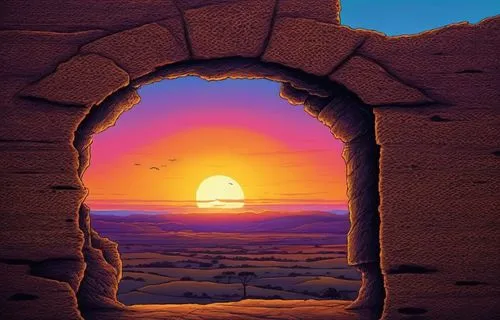 sunset at africa,a doorway with an open view of a sunset in it,tatooine,cartoon video game background,empty tomb,zoombinis,desert landscape,windows wallpaper,Illustration,Realistic Fantasy,Realistic F