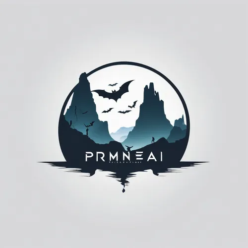 minimalist Logo for Promeai on the theme of Silhouette speleology, deep, vector art, flat design, white background, design composition, caves, hazy, reflection, digital art, digital painting, bats, gl