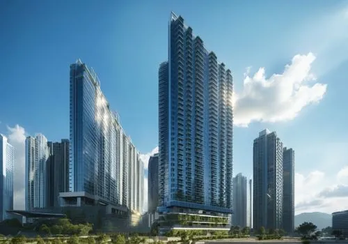 a group of tall buildings are shown with clouds in the sky,songdo,tallest hotel dubai,damac,zorlu,leedon,cyberjaya,Photography,General,Realistic