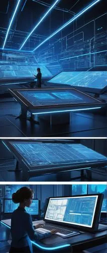 Digital drafting table, futuristic interface, sleek lines, metallic surface, neon blue accents, 3D modeling software, online collaboration platform, multiple windows, coding screens, system architectu