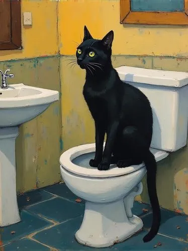 painting of a black cat in toilet sitting on a sink watching his face in the mirror in mattisse style


,a black cat is standing on a toilet,toilette,black cat,cat drinking water,jasinski,cat image,ga