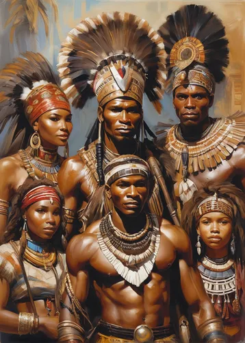 Depict the fascinating individuals of Shaka Zulu in a heartwarming family gathering.,aborigines,indigenous painting,aborigine,natives,african art,ancient people,indigenous culture,oil painting on canv