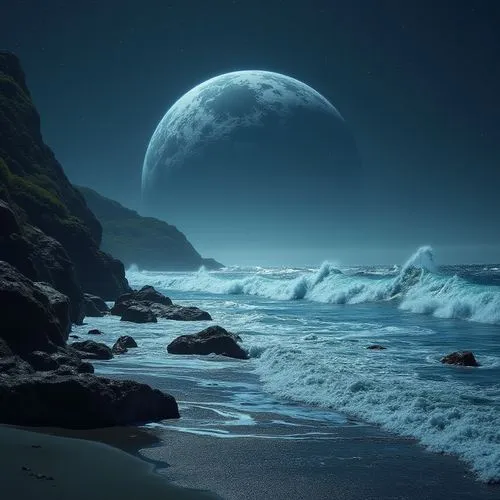 dark beach,moonlit night,blue moon,lunar landscape,moonscape,sea night,Photography,General,Realistic