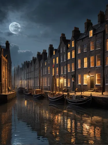 moonlit night,row houses,moonlit,blue hour,evening atmosphere,night scene,light of night,beautiful buildings,canals,crane houses,night image,row of houses,atmospheric,moonrise,city moat,moonlight,houses silhouette,romantic night,grand canal,waterfront,Photography,General,Sci-Fi