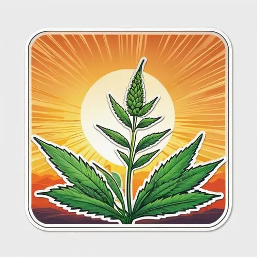 a square sticker of a budding hemp plant in front of a sunrise. The die-cut sticker is isolated on a transparent background with high resolution and no shadows. It is a detailed vector illustration wi