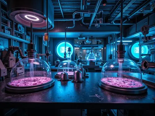 Bioluminescent metabolic architecture, futuristic laboratory setting, modular component systems, interconnected tubes, transparent glass vessels, pulsing neon lights, iridescent microbial cultures, gl