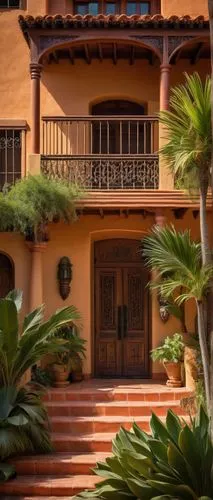 Colorful Mexican-style villa, adobe-inspired exterior walls, terra cotta roof tiles, ornate wooden doors, intricate ironwork balconies, vibrant ceramic tile accents, lush greenery surrounding the hous