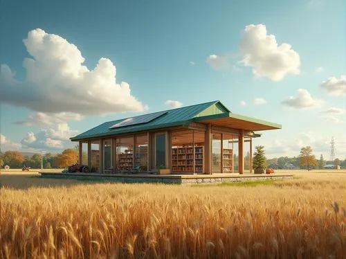 Rural library, modern architecture, large windows, wooden shelves, comfortable reading area, natural light, green roof, solar panels, surrounded by farmland, wheat fields, tractors, farmhouses, rural 