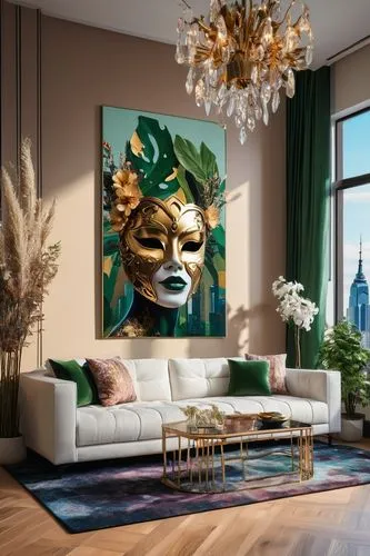 venetian mask,modern decor,gold mask,gold stucco frame,interior decor,contemporary decor,golden mask,living room,gold wall,livingroom,bohemian art,sitting room,interior decoration,apartment lounge,gold paint stroke,boho art,boho art style,decor,decorative art,modern living room,Photography,Artistic Photography,Artistic Photography 08