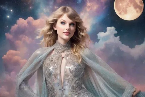 taylor swift headshot,queen of the night,enchanting,fairy queen,enchanted,celestial,constellations,starry,fairytales,moon phase,fantasy picture,photo manipulation,image manipulation,fairy dust,scrapbo