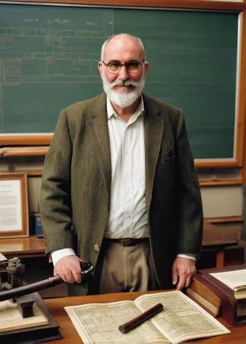 Middle-aged professor, Vermont University, stylish glasses, gray beard, balding hair, tweed jacket, white shirt, dark brown trousers, leather shoes, holding a pipe, standing in front of a chalkboard, 