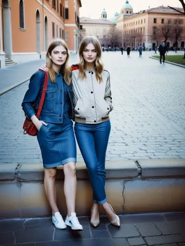 The two Manteuffel sisters.,two female students wearing denim outfits standing in front of a building,olsens,estonians,two girls,spanish steps,vintage girls,scandinavians,Photography,Documentary Photo