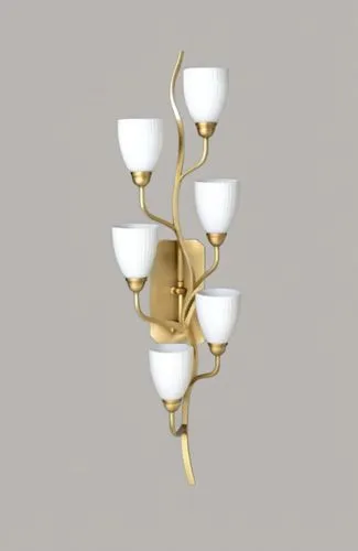 wall sconce 
with textures white glass
finish in antique brass,a chandelier with white glass shades,candelabra,candelabrum,candlestick for three candles,gold chalice,foscarini,sconces,Photography,Gene