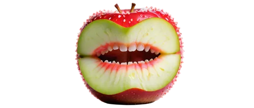 Crunchy apple, close-up, macro shot, shallow depth of field, bright lighting, morning dew, fresh green leaves, juicy red skin, white teeth, lips apart, facial expression, surprised eyes, head tilted b