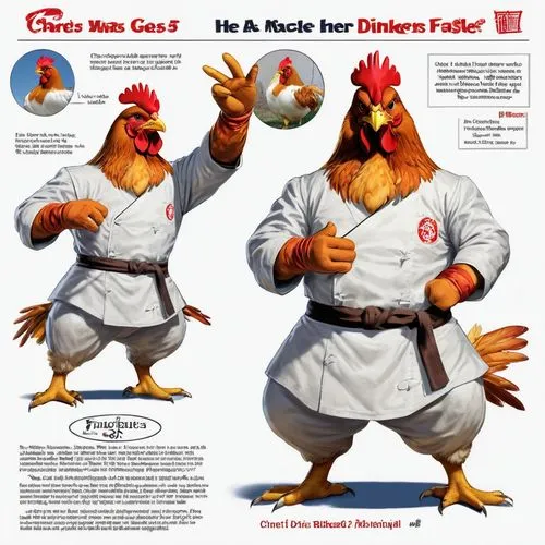 a print of an advertit for chefs shows roosters cooking in their uniforms,chicken run,fowls,clucks,leghorn,gamefowl,chik