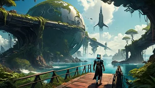 futuristic landscape,wildstar,homeworlds,homeworld,alien world,explorers,outworld,alien planet,terraformed,ecotopia,sci fiction illustration,gameworld,concept art,oddworld,crytek,biotic,hinterlands,environments,adventure bridge,sentinels,Conceptual Art,Sci-Fi,Sci-Fi 24