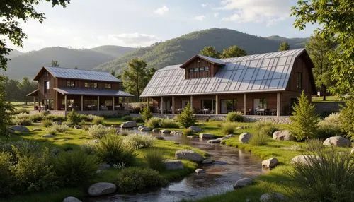 3d rendering,alpine village,house in the mountains,render,the cabin in the mountains,house in mountains,salt meadow landscape,alpine pastures,mountain huts,watermill,home landscape,chalet,3d render,summer cottage,alpine meadow,ecovillages,wooden houses,3d rendered,mountain settlement,cabins