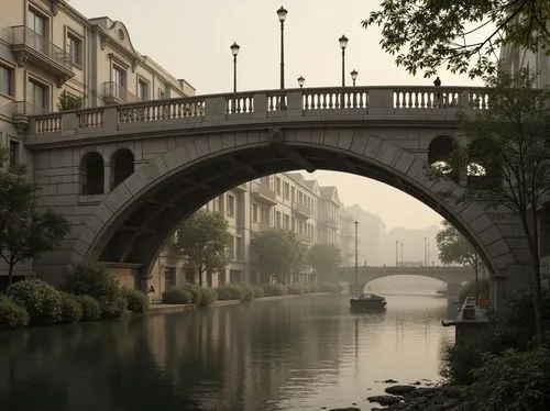 Elegant bridge structure, symmetrical arches, ornate railings, grandiose stone pillars, classic columns, curved lines, subtle ornamentation, muted earthy tones, rustic stone textures, refined metal de