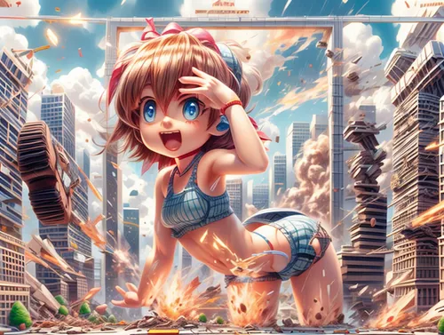 anime 3d,anime,gunkanjima,anime girl,playmat,world digital painting,3d fantasy,anime cartoon,explosions,fantasy city,fantasy art,fire siren,nuclear explosion,fireworks art,spark of shower,cyan,apocalyptic,fantasy world,fantasy picture,explosion