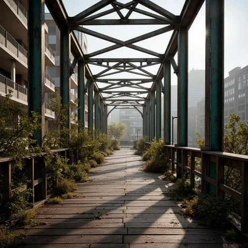 Rustic steel bridges, industrial-era aesthetic, worn wooden planks, distressed metal beams, warm earthy tones, rich brown hues, muted blue-grey accents, subtle green patina, urban cityscape, misty mor