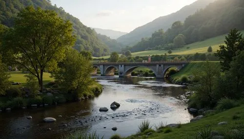 Meandering river, rustic wooden bridges, natural stone arches, lush green vegetation, tranquil water reflections, serene landscape, rolling hills, misty atmosphere, warm soft lighting, 1/2 composition