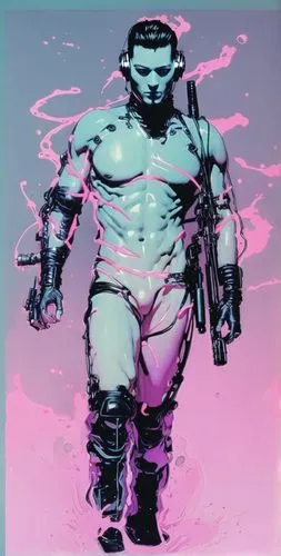 cyberpunk, vaporwave, syfy, 1990,a man in a body suit is holding a rifle,pink vector,cyberdog,steel man,xenobiotic,cyberathlete,mgs,Art,Artistic Painting,Artistic Painting 24