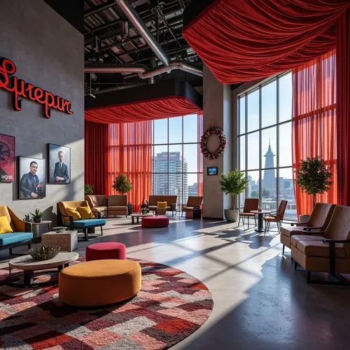 Vibrant clinic interior, bold postmodern architecture, eclectic mix of fabrics, rich velvet drapes, luxurious silk upholstery, abstract patterned rugs, metallic accents, neon-lit signage, futuristic m