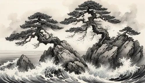 Japanese pine trees, branches like mandelbrot fractals growing in bonsai form, steep rocky cliffs, turbulent ocean waves,the painting shows a mountainous landscape with trees on a rock formation,yashi