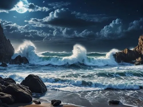 sea night,ocean waves,seascape,rocky coast,dark beach,ocean background,stormy sea,sea storm,sea landscape,moonlit night,rocky beach,seascapes,crashing waves,coastal landscape,cliffs ocean,dragonstone,fantasy picture,dreamscapes,full hd wallpaper,light of night,Photography,General,Realistic