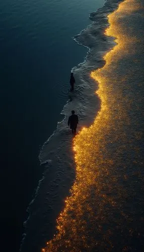 Half sea in black gold, half desert with colorful line patterns, diagonal layout, human silhouette as the fulcrum, wide-angle lens, simple and tranquil composition, 8K resolution, long exposure, cool 