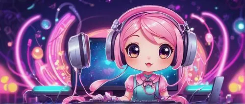 Kawaii, computer icon, cartoon style, rounded edges, pastel colors, cute facial expression, big shining eyes, rosy cheeks, tiny nose, pink lips, headphone, microphone, laptop, keyboard, mouse, colorfu