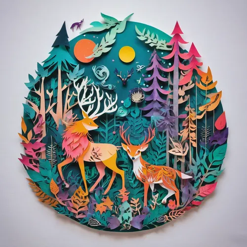 Craft a whimsical forest tattoo featuring magical creatures.,forest animals,woodland animals,paper art,deer illustration,wooden plate,forest animal,decorative plate,cartoon forest,whimsical animals,co