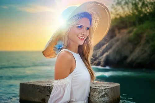 a pretty woman in white is standing in front of the ocean,beach background,sunburst background,womans seaside hat,yellow sun hat,photographic background,image manipulation