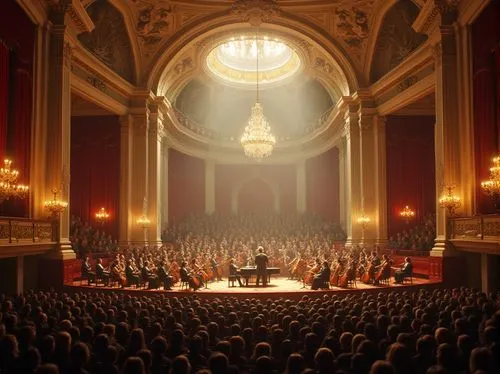 Grand concert hall, Baroque architecture, high ceilings, ornate chandeliers, white marble columns, intricate carvings, gilded details, red velvet curtains, luxurious atmosphere, spotlights shining dow