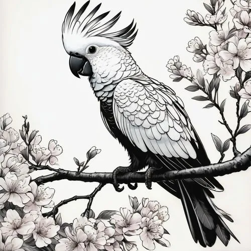 flower and bird illustration,bird illustration,ornamental bird,an ornamental bird,line art birds,bird drawing,Illustration,Black and White,Black and White 08