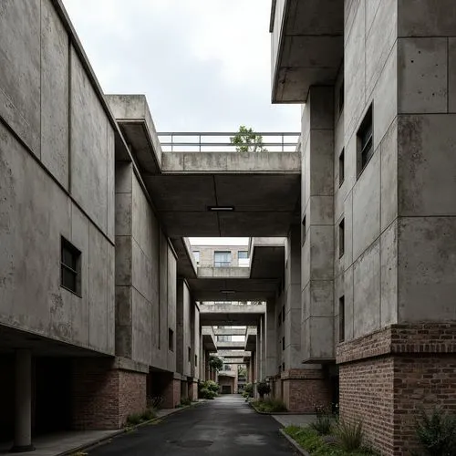 Rough-hewn concrete walls, exposed ductwork, industrial metal beams, weathered steel surfaces, raw brick facades, rugged stone foundations, brutalist fortress-like structures, dramatic cantilevered ro