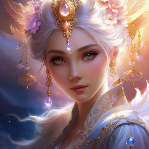 fantasy portrait,oriental princess,white rose snow queen,zodiac sign libra,fantasy art,mystical portrait of a girl,golden crown,elsa,fantasy picture,fairy queen,the snow queen,lakshmi,romantic portrai