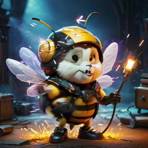 electric sparks surrounding a happy dancing bumble bee,bombyx,bee,drone bee,boultbee,heath-the bumble bee,flowbee