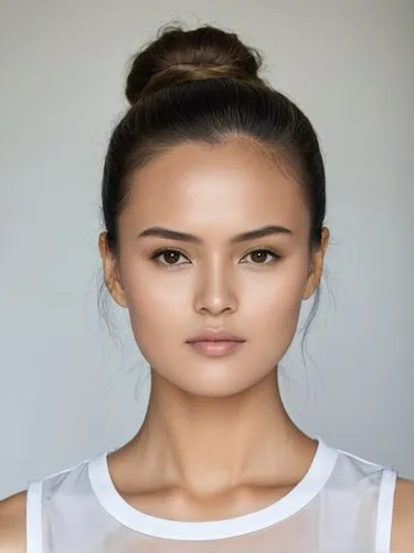 Full-size sample portrait,a woman in white shirt and a bun,hapa,girl on a white background,portrait background,marshallese,social,natural cosmetic,Photography,Documentary Photography,Documentary Photo