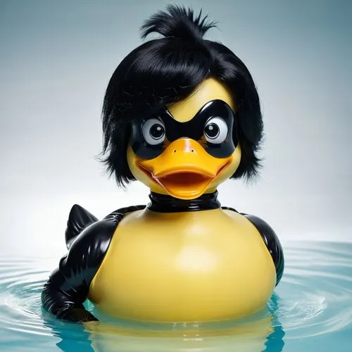 cgi image of a yellow rubber duck with a black wig, black lipstick, black eyes with eyelashes, and black beak/bill, black full body latex outfit with ring,rubber duckie,rubber duck,rubber ducky,rubber