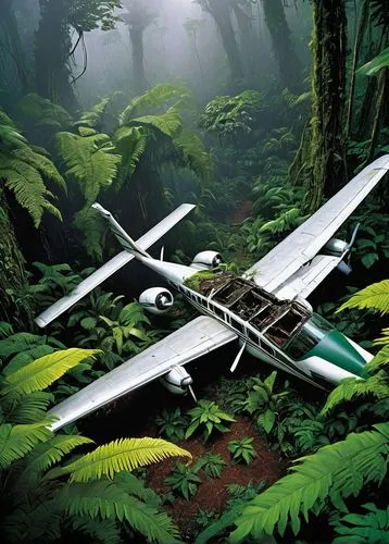 Jurassic Park III, plane wreckage, dense jungle, sunny day, warm light filtering through trees, crashed Cessna 208 Caravan, torn metal, broken propellers, scattered luggage, injured passengers, fright